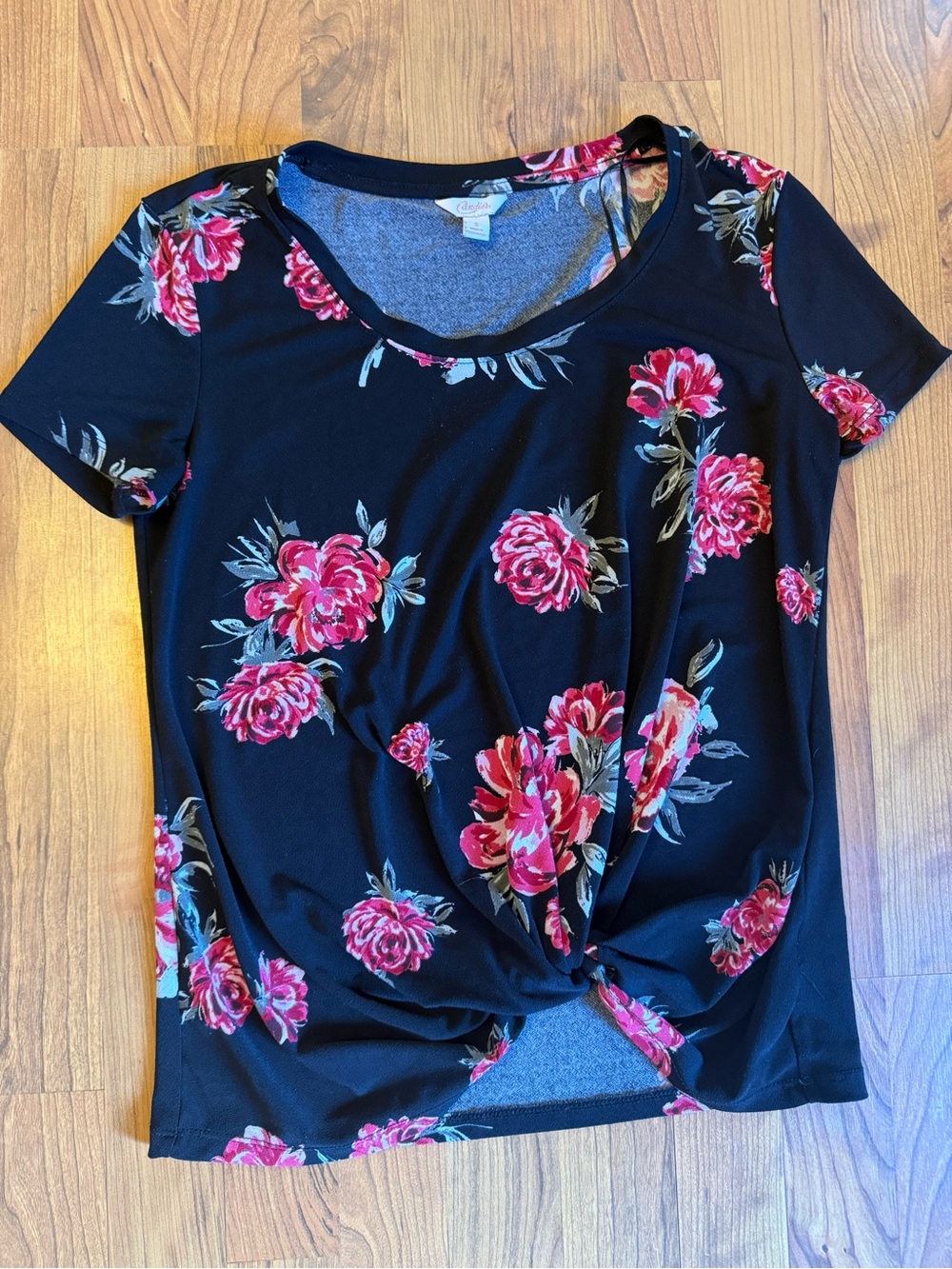 Y2K VTG Floral Knot-Front Women's Top - Black with Pink Roses